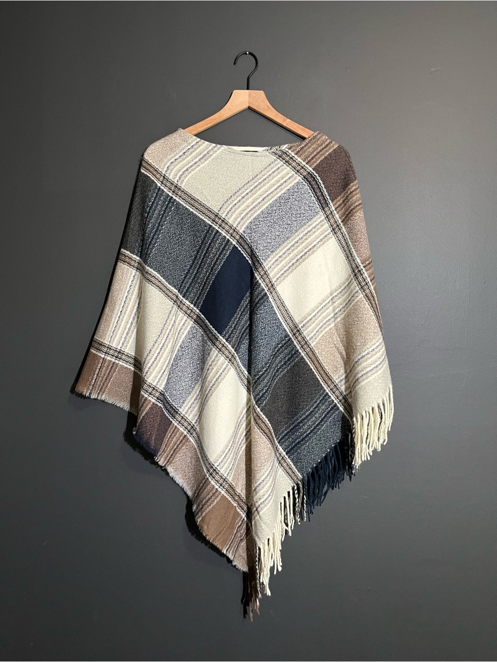 Coco + Carmen Plaid Fringe Poncho Blue Tan Oversized Cozy Wrap - Size One Size